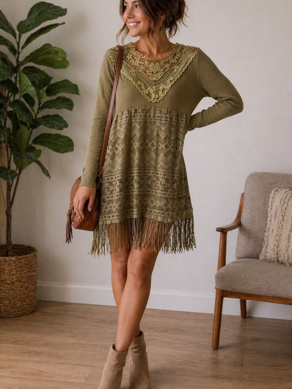 Vintage Style Boho Lace Fringe Tunic Dress Olive Green Medium cottagecore hippie